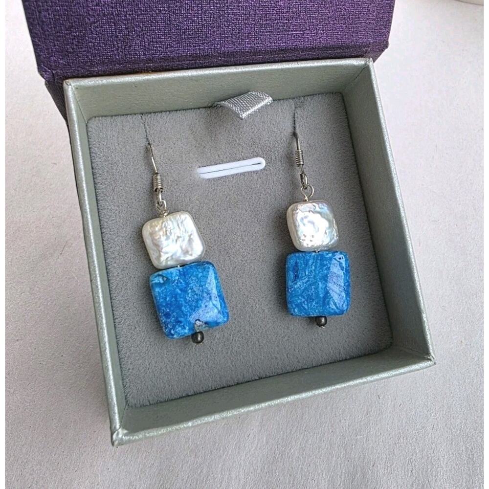 New Sterling Silver Dangle Earrings White Pearl Silver Blue Stone Stamped 925